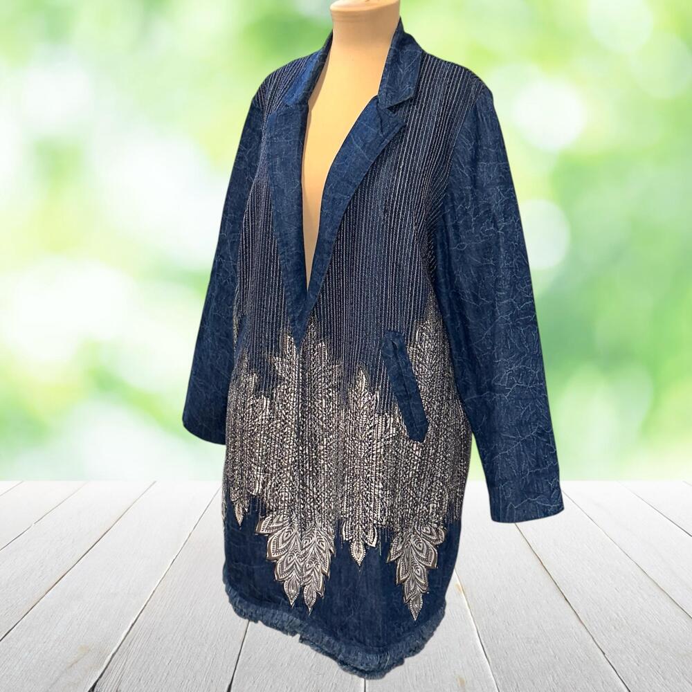 CHICOS Denim Longline Coat Embroidered Boho Artwear Fringe Hem Lined Size 3 (XL)